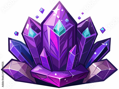 A high-quality vector illustration of a purple amethyst crystal with geometric shapes and glowing edges, isolated on a white background
