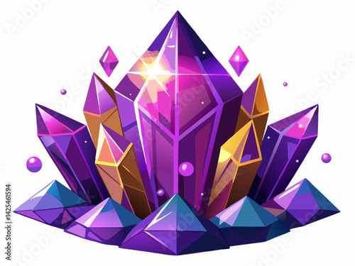 A high-quality vector illustration of a purple amethyst crystal with geometric shapes and glowing edges, isolated on a white background