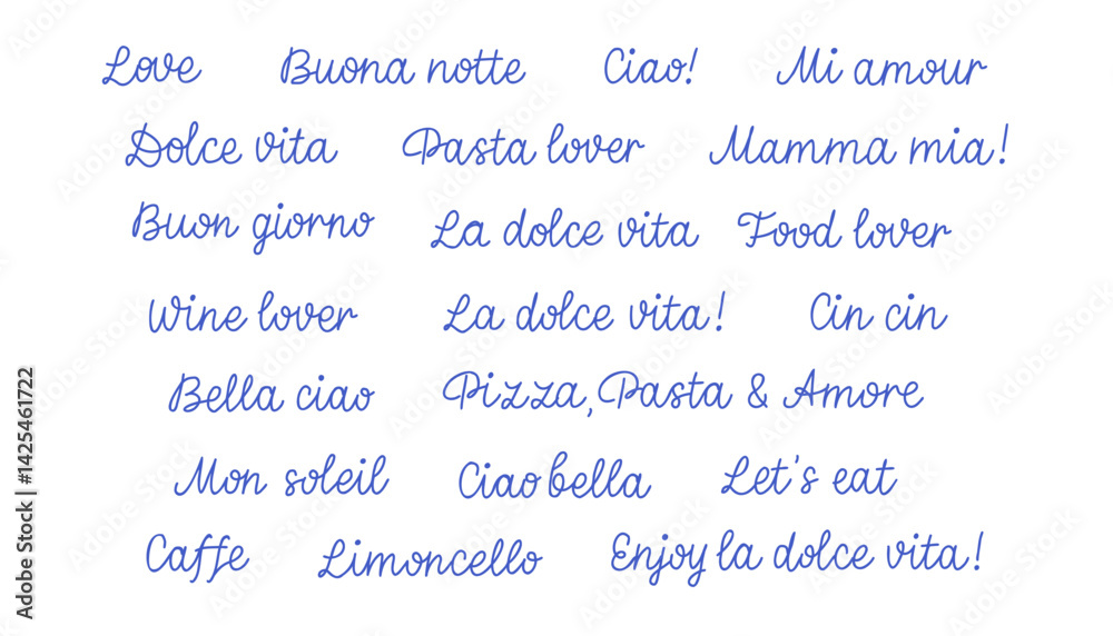 Fototapeta premium Dolce vita hand drawn lettering set. Vector mediterranean blue lettering set of dolce vita, love, buena notte, ciao. Hand drawn quotes isolated on white background.