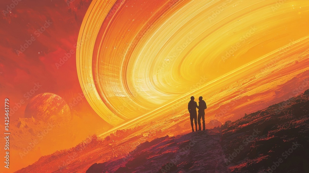 National Space Day A couple gazes at a vibrant cosmic landscape with swirling colors and celestial bodies.