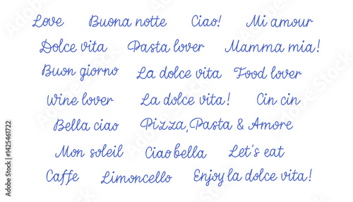 Dolce vita hand drawn lettering set. Vector mediterranean blue lettering set of dolce vita, love, buena notte, ciao. Hand drawn quotes isolated on white background.