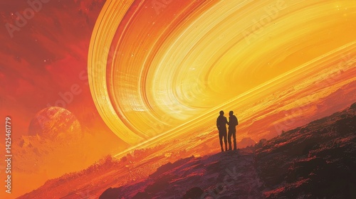 Obraz na płótnie National Space Day A couple gazes at a vibrant cosmic landscape with swirling colors and celestial bodies. w salonie