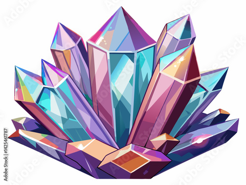 A high-quality vector illustration of a clear quartz crystal cluster with sharp facets and light refraction, isolated on a white background