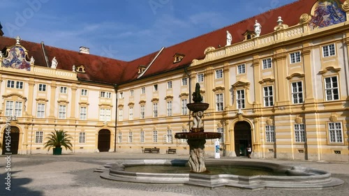 A stunning courtyard of a monastery. The central courtyard of Melk Abbey. Melk, Austria. Europe.