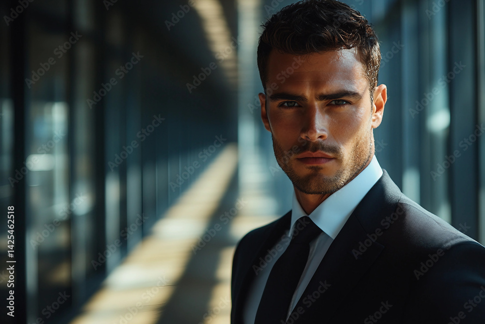 Generative AI portrait of a confident businessman in a suit with a serious expression, leadership and authority Generative AI portrait of a confident businessman in a suit with a serious expression, leadership and authority