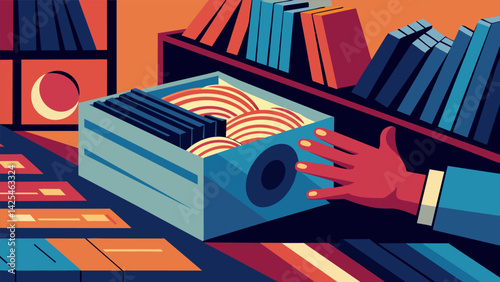 A hand expertly flipping through records the camera panning out to reveal a room filled with crates of albums. Vector illustration