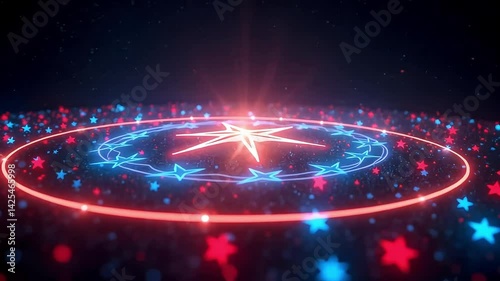 Glowing Starburst Circle Abstract Background with Red and Blue Stars