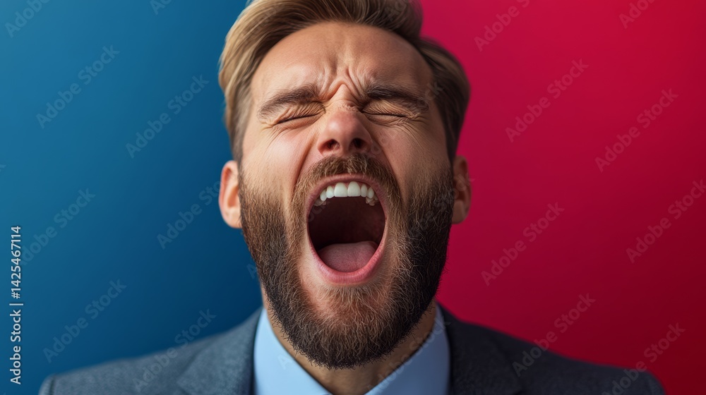 Man with a beard is screaming in a suit. The man is wearing a blue shirt and a gray suit Man with a beard is screaming in a suit. The man is wearing a blue shirt and a gray suit