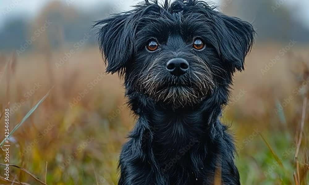 A close-up of a black dog with expressive eyes sitting in a grassy field during a foggy morning A close-up of a black dog with expressive eyes sitting in a grassy field during a foggy morning