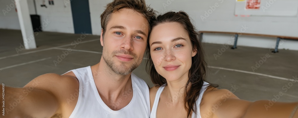 Obraz premium Selfie of a couple in casual attire, smiling indoors.