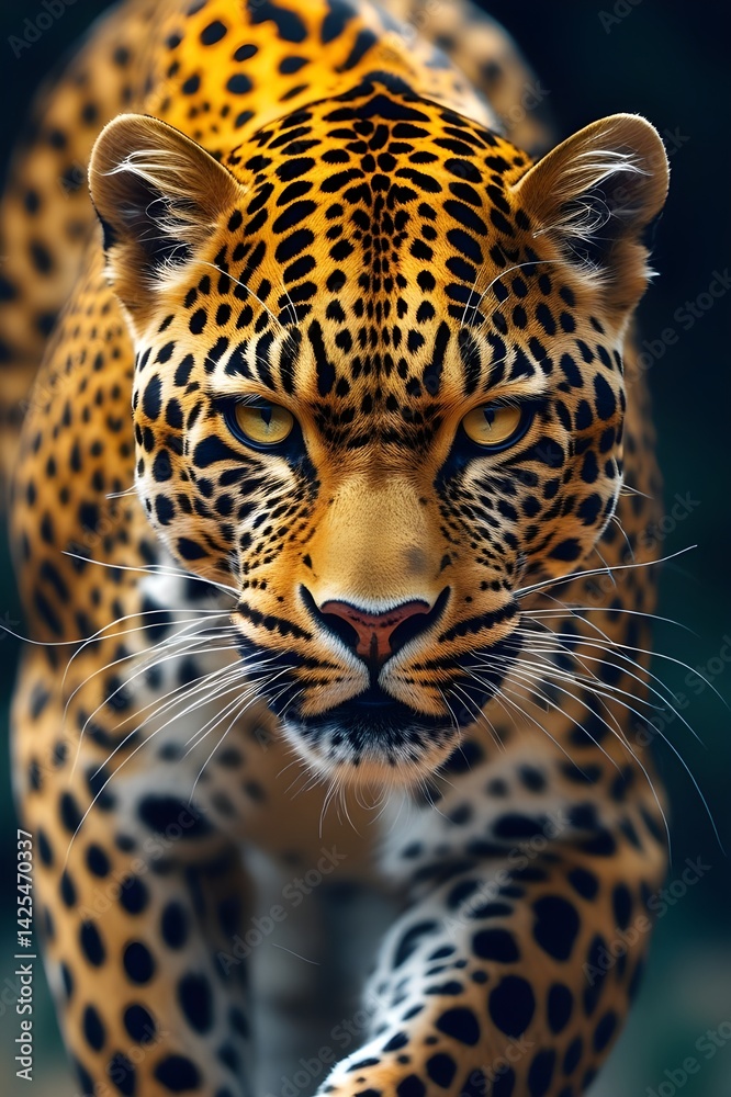 Fototapeta premium A leopard walking with a sharp gaze as if hunting prey with orange and white fur with a black pattern