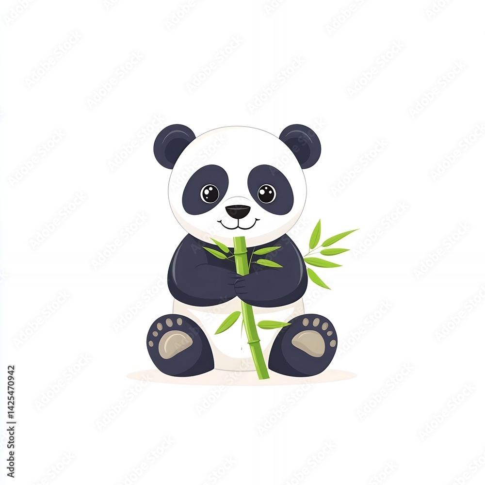 Fototapeta premium Cartoon panda sitting and holding a bamboo stalk with leaves on a white background illustration
