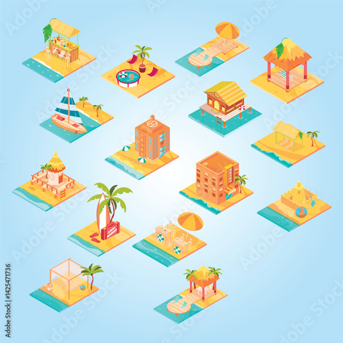 Tropical rest isometric icons set with sea resort symbols isolated vector illustration