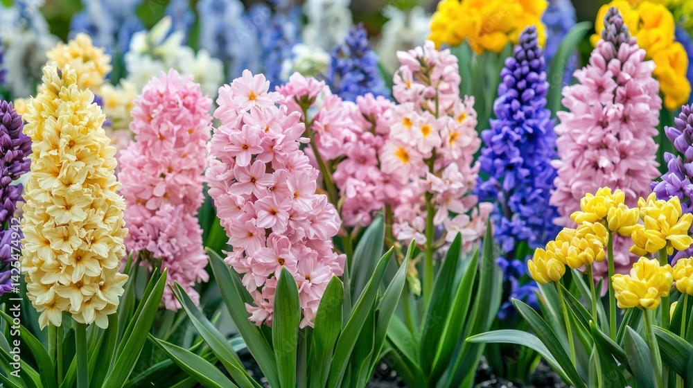 A blooming garden in the springtime, with flowers in soft pastel colors like pink, yellow, and lavender.