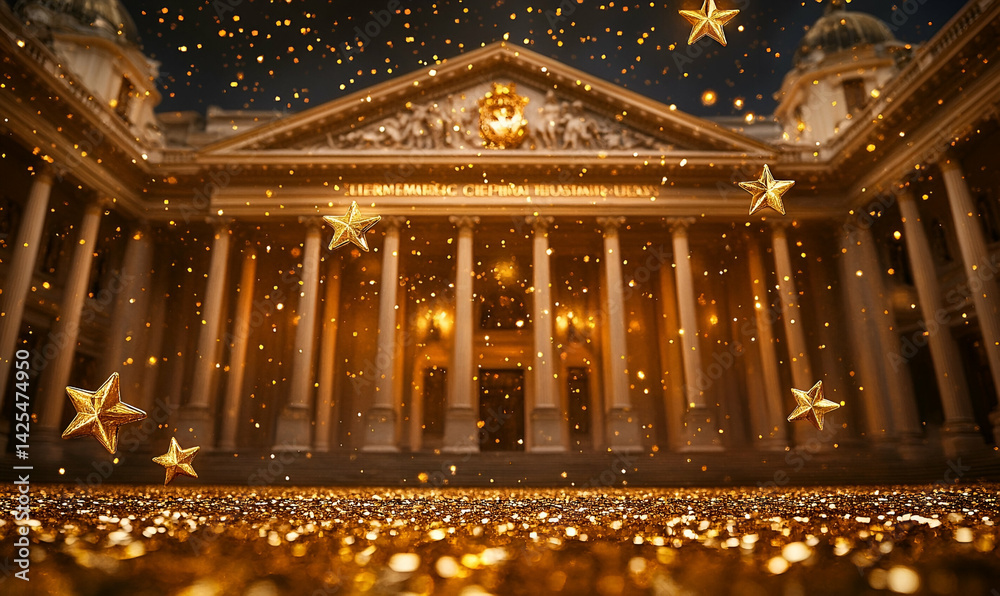 Obraz premium Grand classical building facade night golden light