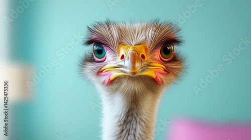 Colorful ostrich with pink and blue feathers is staring at the camera. The bird's eyes are open and it has a serious expression on its face