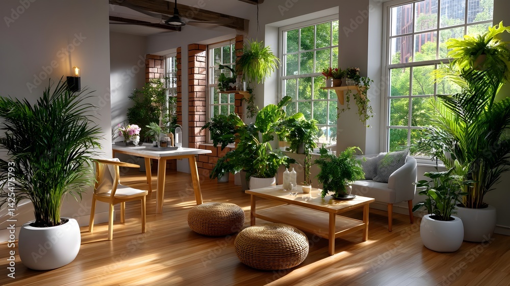 Sunlit Living Room with Lush Greenery - Biophilic design