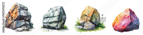 Watercolor set of rocky rocks png. Elements of stones, cliffs. canyon and gullies in cartoon style. Elements of natural stone. Vector illustration.