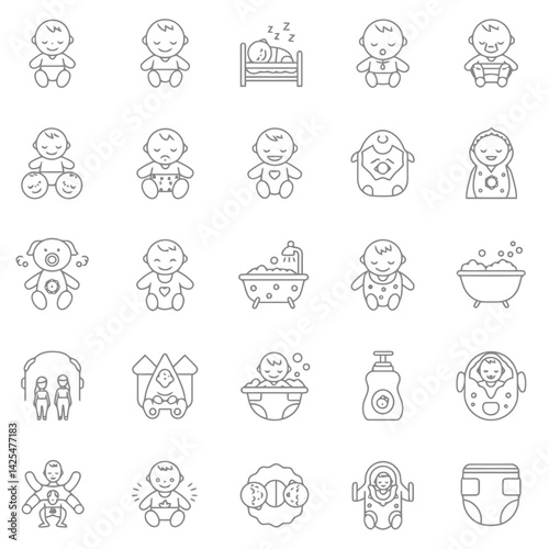 Set of line icons related to child care,   international children day, kid rights, parenthood. Outline icon collection. Editable stroke. Vector illustration