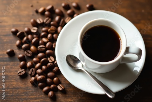 Aromatic coffee cup and beans on a pristine white plate , still life, espresso