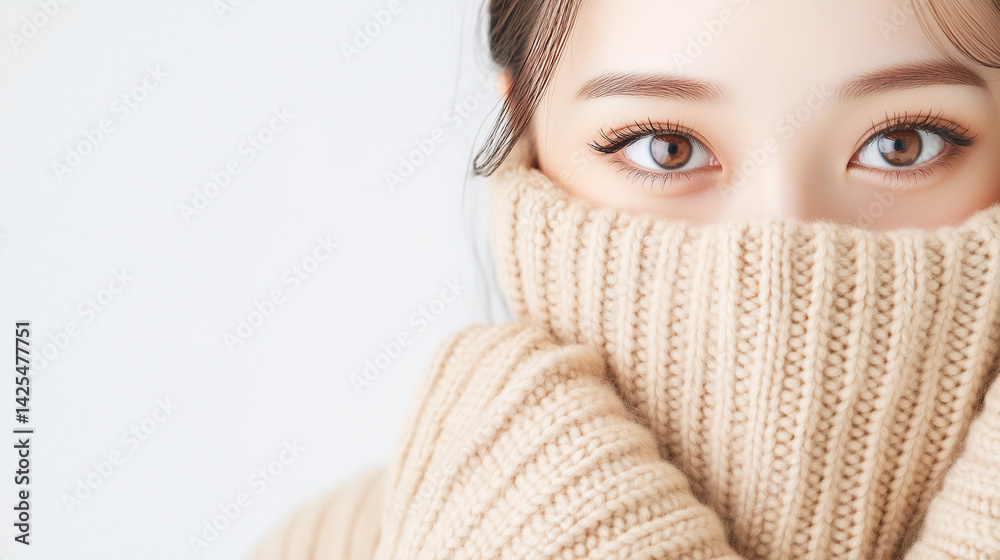 A woman's eyes peek from behind a cozy, beige turtleneck sweater. The soft light enhances her delicate features. A woman's eyes peek from behind a cozy, beige turtleneck sweater. The soft light enhances her delicate features.