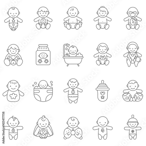 Set of line icons related to child care,   international children day, kid rights, parenthood. Outline icon collection. Editable stroke. Vector illustration