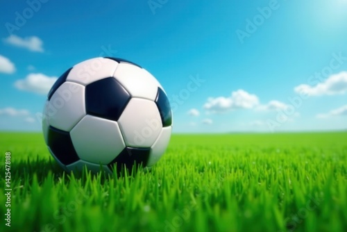 Classic black & white soccer ball on lush green grass, blue sky backdrop, summer, sports equipment, sky