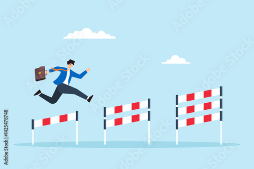 Flat illustration of ambitious businessman jumps over hurdles facing new obstacle achieve success business challenge solve problem