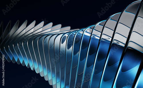 Fototapeta Naklejka Na Ścianę i Meble -  Abstract black 3d background with glass transparent square plates row, light blue gradient and speed motion effect. Crystal curve wave line pattern. Render futuristic digital tech. 3D illustration