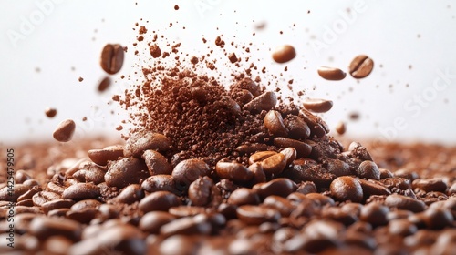 Pile of Roasted Coffee Beans Erupting Upward with Coffee Grounds in a Detailed Studio Shot