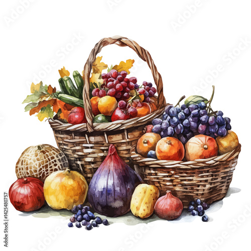 Autumn fruit and vegetable harvest piled up in baskets, watercolor illustration, isolated on a white background.

