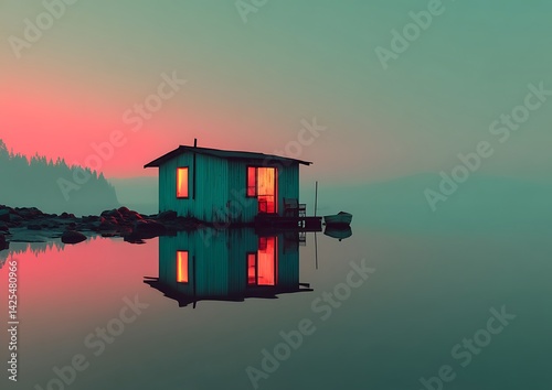 Lakeside Cabin at Sunrise Reflection