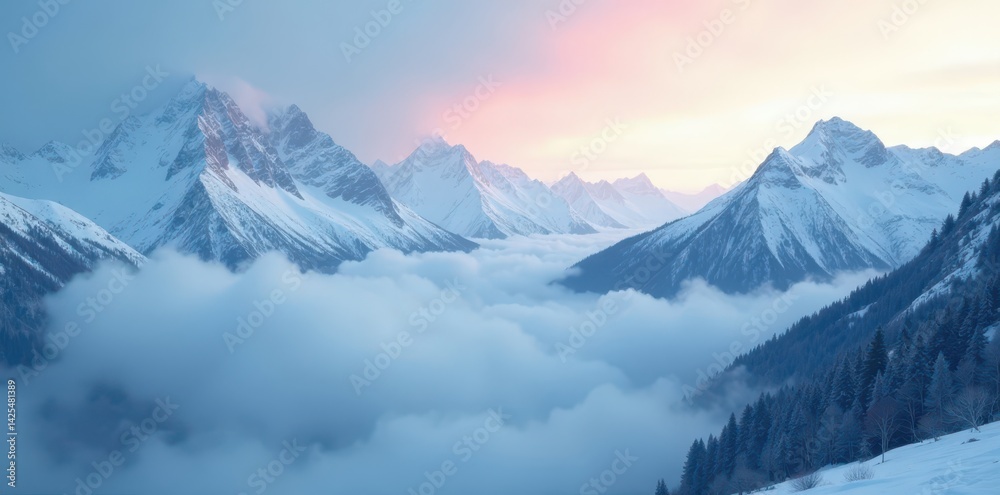 Fototapeta premium Dense fog blankets icy mountain range, ethereal mood , aerial, ethereal