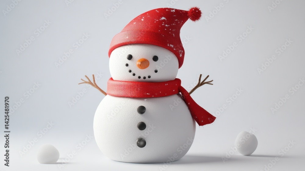 Fototapeta premium Cute Snowman with Red Hat and Scarf