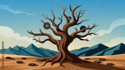 A gnarled bristlecone pine tree standing alone in a barren field its branches adorned with vinyl records of outlaw country Americana and alternative Vector illustration