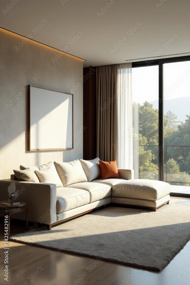 Fototapeta premium Minimalist living room with sleek sofa, large window, natural light, design, bright, style