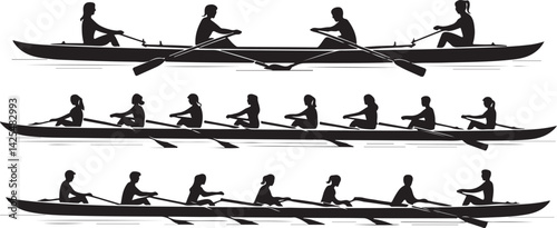 Silhouette Rowing Teams Single, Double, and Eight-Person Boats