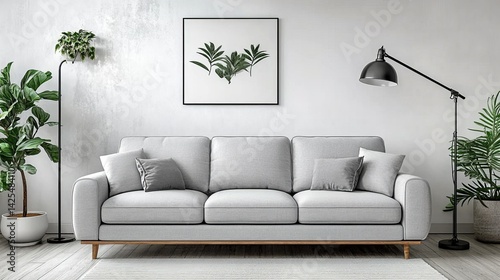 Modern Minimalist Living Room Interior Design: Grey Sofa, Floor Lamps, and Plants