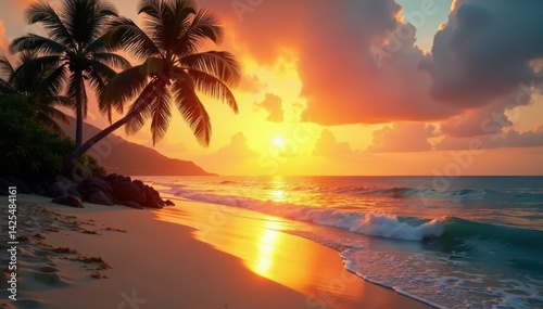 Golden sunset reflects on tranquil ocean, coconut palms sway gently, sky, summer