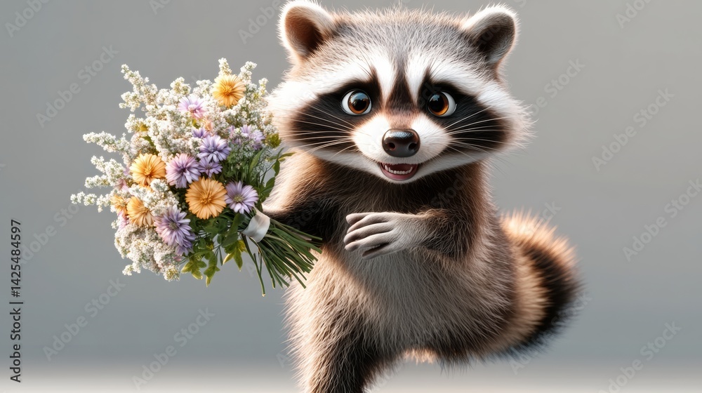 Obraz premium Raccoon is holding a bouquet of flowers in its mouth. The scene is playful and lighthearted, with the raccoon looking happy and content. The flowers add a touch of whimsy to the image