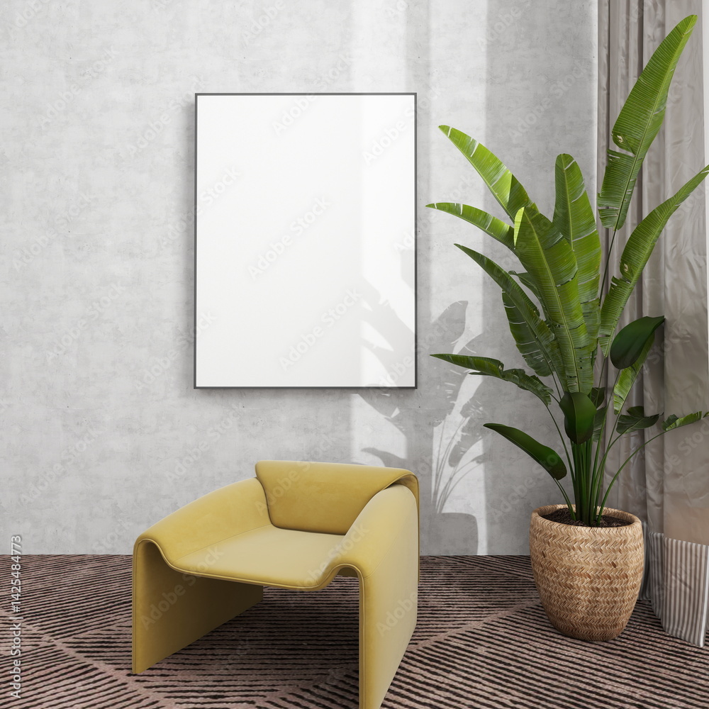 3D render of a modern interior design featuring an ISO A paper size frame mockup, perfect for a living room poster mockup display with a stylish house background
