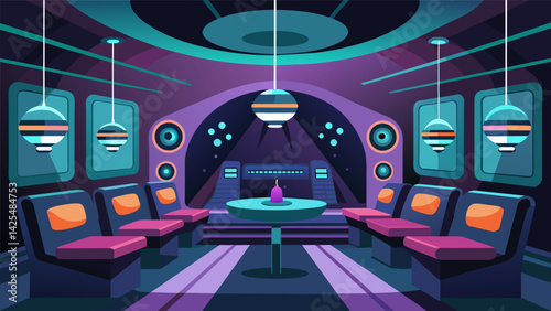 A highend lounge with a futuristic design featuring LED light installations unique seating pods and highquality vinyl sound systems for a oneofakind Vector illustration