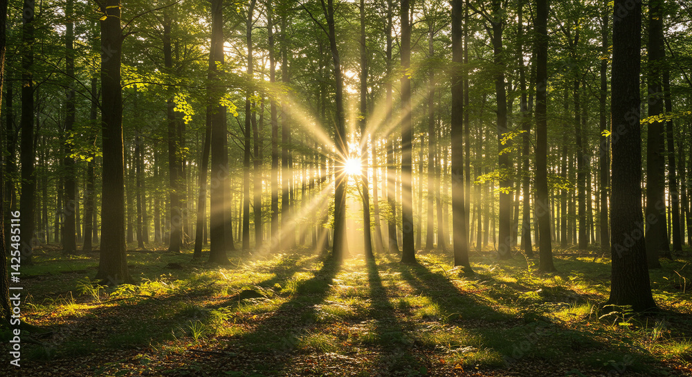 Obraz premium Sunburst Through Forest Trees Creating a Magical Scene