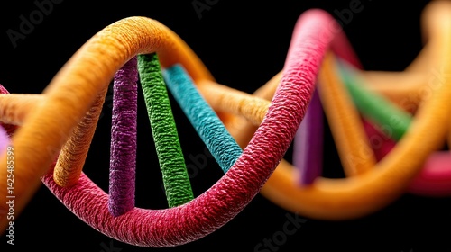 The spiraling DNA double helix is a breathtaking sight, with each vibrant color representing the complex blueprint of life and energy at its core.