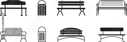 Collection of Black and White Park Bench and Trash Can Icons
