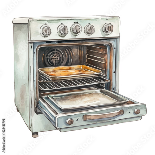 Oven with an open door and hot tray, watercolor illustration, isolated on a white background.


