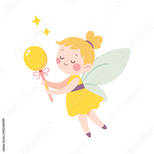 Cute fairy holding a yellow lollipop with sparkling stars around her in a whimsical, enchanting setting