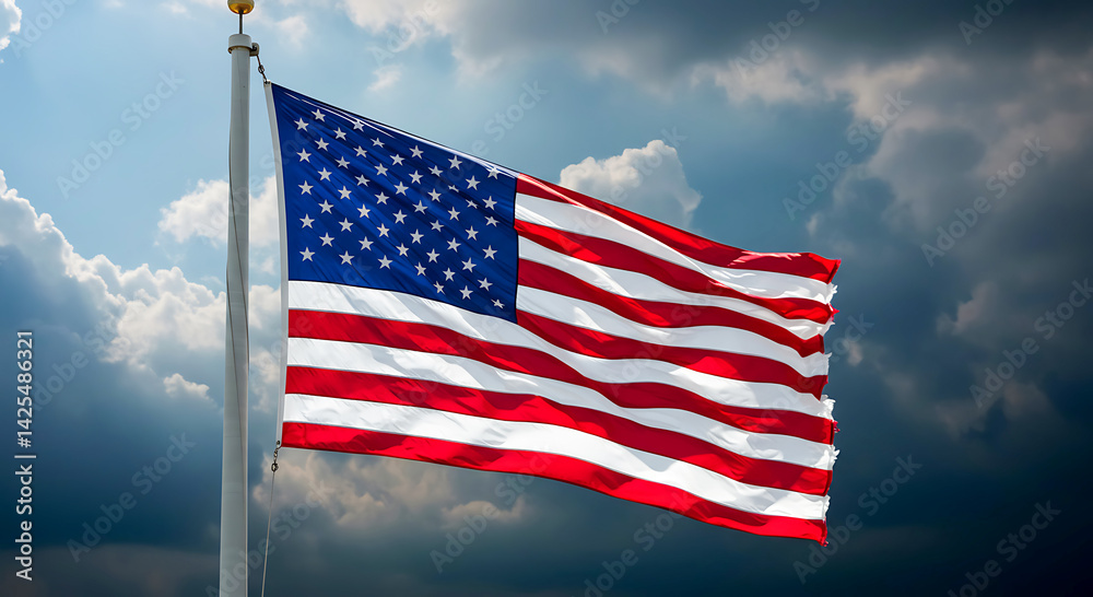 Obraz premium Waving National United States of America flag flying symbolic of patriotism and national pride, Generative AI