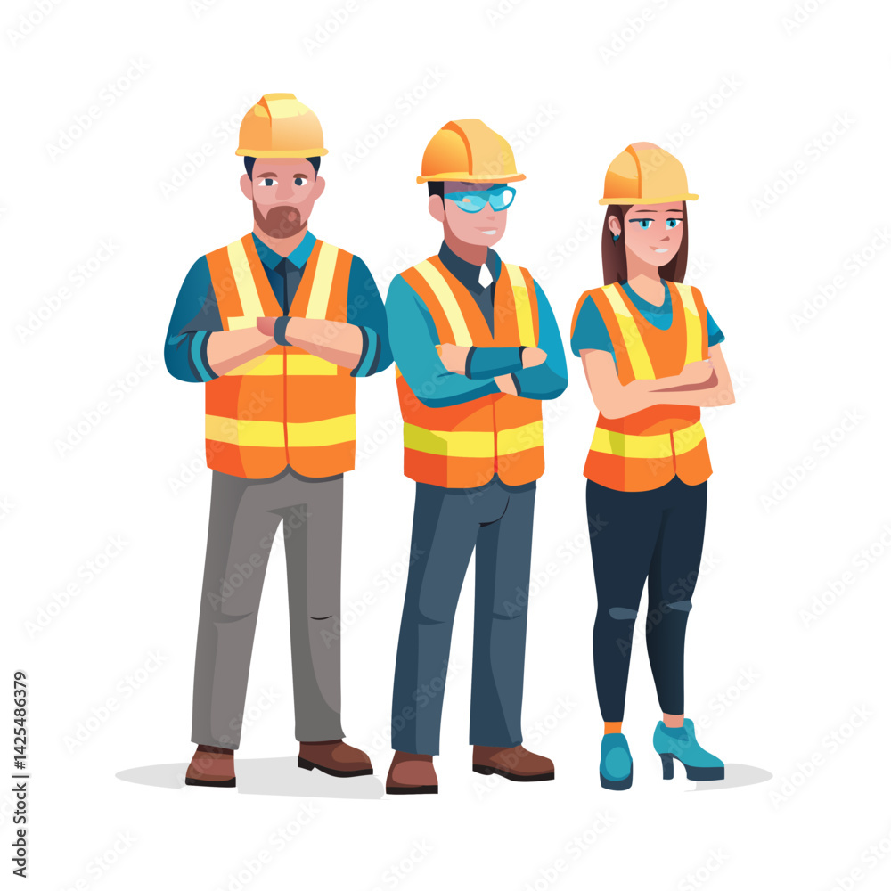 Construction workers stand confidently at a worksite during the day, showcasing safety gear and teamwork in a collaborative environment
