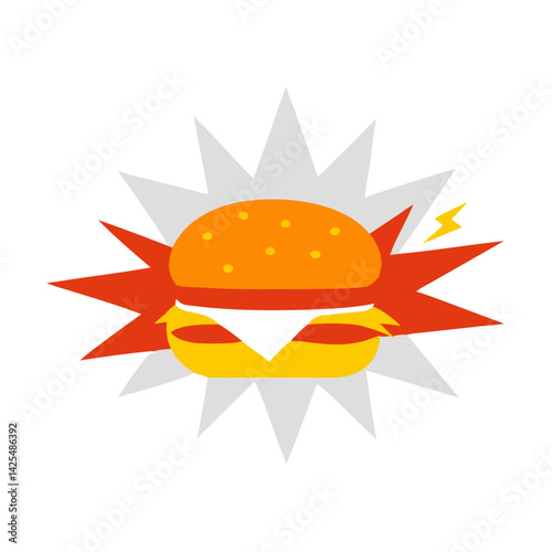 Burger graphic with bright colors and explosive design, perfect for food promotion or restaurant branding